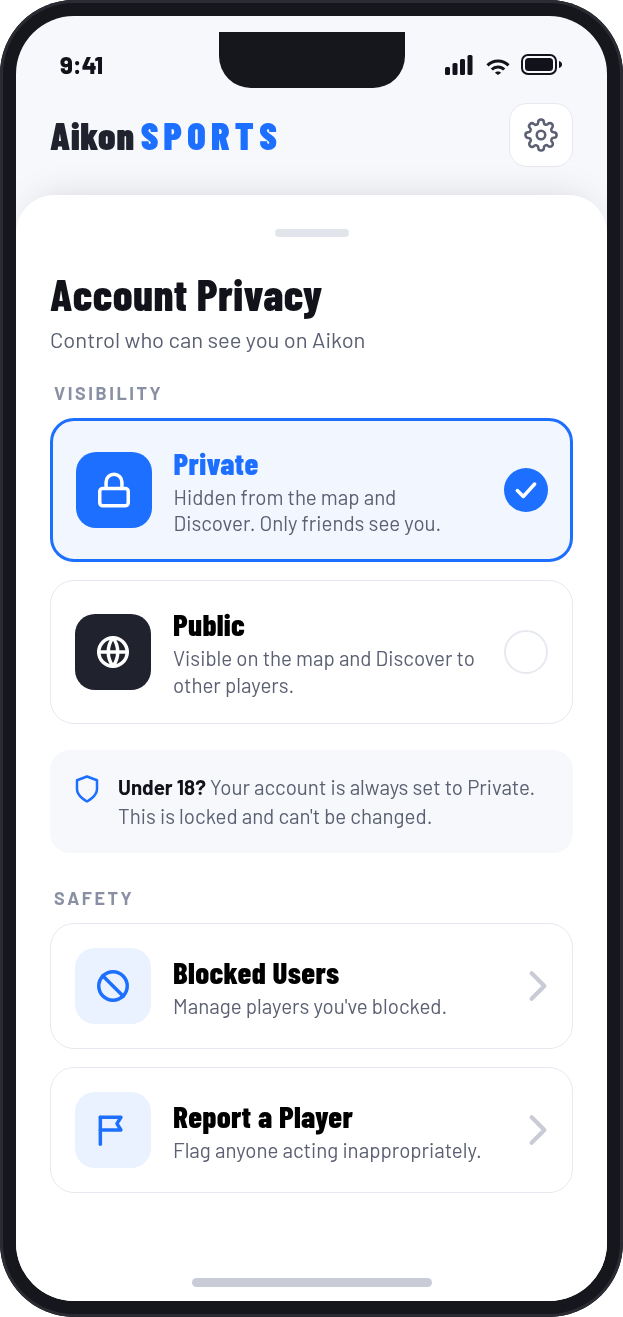 Aikon app privacy settings showing a minor's account locked to Private